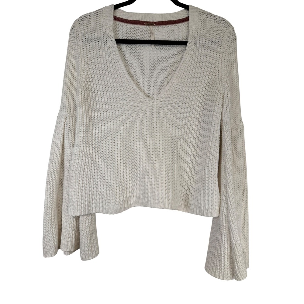 Free People Cream Shaker Knit Bell Sleeve V-Neck Sweater XS Ivory Boho Pullover